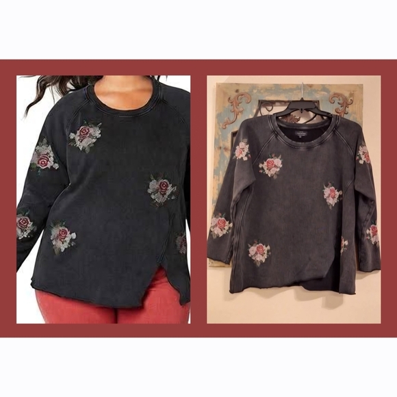 Lucky Brand Charcoal Floral Embroidered Sweatshirt Size 2X - Picture 3 of 11